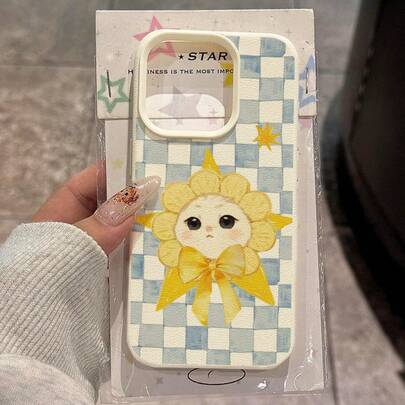 1pc TPU Material Blue Plaid Cat Head Floral Pattern Phone Case Suitable For IPhone 17 Pro Max/17/16 Pro Max/15/13/12/11, S20 FE/A15/S24/A55, Note 11/Note 12/Note 13 Pro, Full Coverage Anti-Drop Soft Protective Phone Case