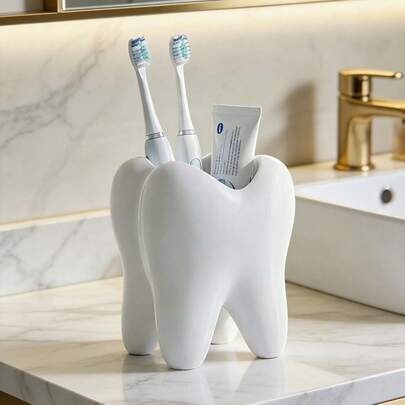Creative Interesting Toothbrush Holder, Large White Tooth-Shaped Toothbrush Cup, Desktop Storage Decorative Ceramic Container, Can Hold Toothbrush, Toothpaste, Flower Pot, Vase, Bathroom Supplies. Happy Home Bathroom Decor For Autumn And Back To School Season