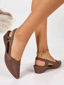 新款春秋季法式粗跟尖头中跟鞋，低鞋面舒适耐穿女式工作鞋 - 棕色 - 查看 5