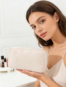 1pc Corduroy Makeup Bag With Letter Strap, Zipper Closure Portable Cosmetic Organizer, Suitable For Travel, Home, Unisex, All Seasons, Student Dorm, Mother's Day, Thanksgiving, New Year Gift - Multicolor - View 7