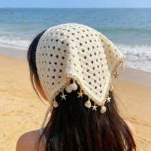1pc Bohemian Style Korean Hollow Woven Shell Tassel Scarf, Women Summer Decorative Shawl Versatile Wrap, Ladies Beige Ocean Shell Tassel Knitted Hollow Lace Triangular Headband, Suitable For Daily Wear, Sports, Beach, Vacation - Starfish Sequins - View 5