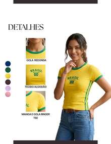 Brazil Women's Yellow T-Shirt, World Cup Ringer Tee Style, Baby Look Slim Fit, 100% Cotton, 2026 - Yellow - View 4