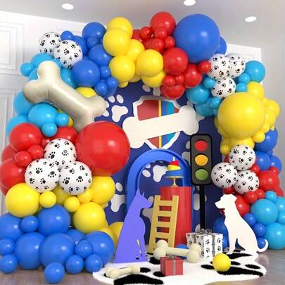 116pcs Dog Paw Print Balloon Arch Set, Includes Red, Yellow, Blue Balloons And Bone Shaped Foil Balloons. Suitable For Various Occasions Such As Patrol Theme Party, Birthday Party, Gift Party, Home Decor, Room Background Decor, Etc.