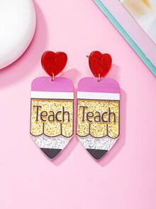1 Pair Fashion Teacher's Day Acrylic Heart Thick Stroke Design Earrings, Suitable For Women To Wear In Summer - Thick Pen - View 3