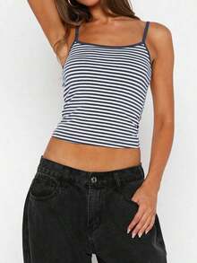 Vaiaye Women'sLingerie Style Top And Spring/Summer Striped Print Round Neck Fitted Casual Vacation Camisole, Suitable Beach Vacation & Everyday Casual Wear - 藍白條紋 - 查看 6
