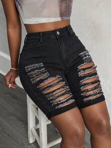 Quần short Bermuda denim đen rách dành cho nữ, ống đứng có túi, hoàn hảo cho trang phục thường ngày mùa hè. - màu đen - Xem 4