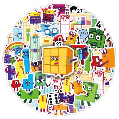 50张数字积木卡通教育数学动画装饰贴纸，适用于笔记本、笔记本电脑等DIY