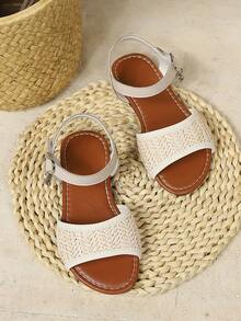 夏季新款女童彩虹编织露趾凉鞋，波西米亚风金属扣防滑沙滩鞋 - 米色 - 查看 5