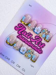 10片/套 手工海洋主题方形美甲贴片，Y2K 酷炫风格，裸色和绿色扎染法式贴片，饰有海马、海龟、贝壳、星星、珍珠和金属装饰图案，适合派对、婚礼、日常佩戴，女士和女孩美甲用品，手工按压式美甲贴片 - 金色 - 查看 3