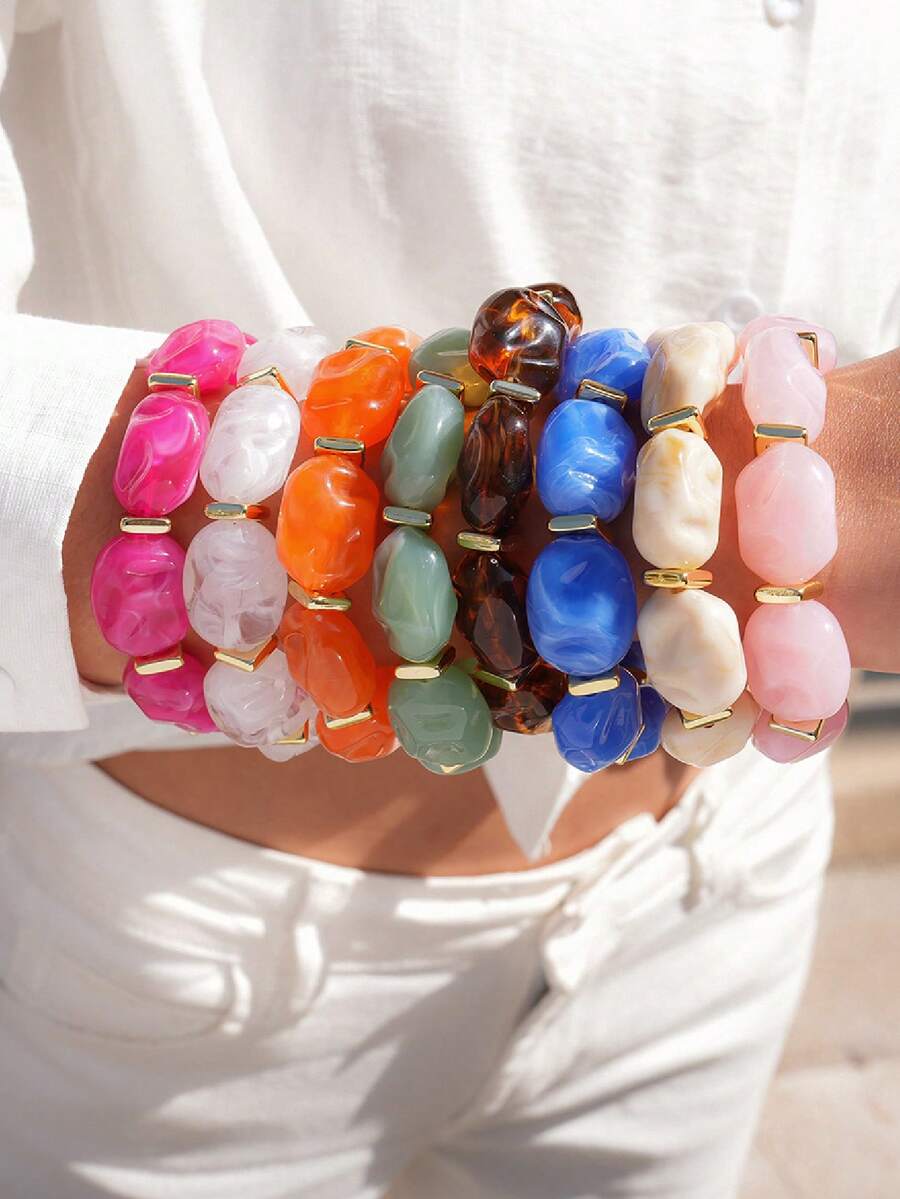 Bộ vòng tay hạt cườm cầu vồng phong cách Boho không đều - Vòng tay nhựa acrylic có thể xếp chồng lên nhau, thích hợp cho kỳ nghỉ và tiệc tùng. - vòng đeo tay - Xem 1