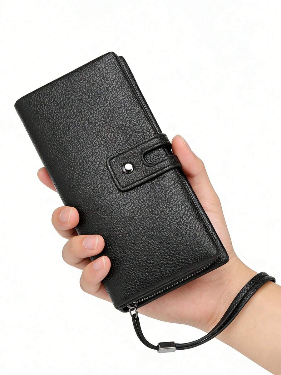 Men's Retro Long Wallet Clutch - Black PU Leather, Magnetic Snap & Zipper Design, Detachable Wrist Strap, Fits Phone, Multi-Compartment, Suitable For Daily Use - Black - View 1