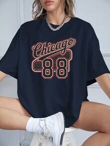 Nueva camiseta de moda para primavera y verano para chicas en talla grande - CHICAGO 88 Camiseta estampada de talla grande para mujer, top casual de manga corta y cuello redondo, adecuada para primavera y otoño, ropa de talla grande a la moda. - azul real - Ver 4