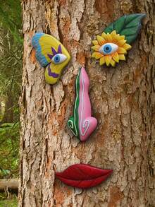 Quirky Face Art Garden Decor Set, Colorful Butterfly Sunflower Lips Resin Wall Decor, Outdoor Yard Tree Sculpture - Multiple Styles - View 4