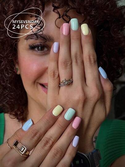 24pcs Square Short Nail Stickers, Macaron Color Block & Minimalist Solid Color Design, Combining Freshness And Healing, Suitable For Spring Outfits, Daily Commute, Campus And Other Occasions, Artistic Nails For Vibrant And Elegant Girls, Understated Yet Tasteful.