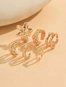 6pcs Vintage Metal Flower Colorful Rhinestone Design Open Rings Set, Can Be Worn Individually Or Stacked, Suitable For Women's Daily Outfit, Decoration, Dates, Gatherings, And Parties - Gold - View 2