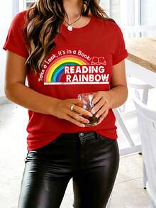 Women's T-Shirt Fitted Tops Print Y2K Crew Neck Tee-Plus Size - Women'S Red T-Shirt - Reading Rainbow Graphic Tee With Book Design - Casual Everyday Shirt For Teachers, Book Lovers - Valentine'S Day & Back To Outfits - Soft Everyday Top, Teacher Apparel, Playful Design, Comfortable Fit-Summer Festival Fashion,  Adult Heavyweight T-Shirt - 紅色 - 查看 1