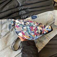 大容量印花腰包，轻便防水尼龙胸包，户外休闲斜挎包，可调节肩带 - 彩色 - 查看 6