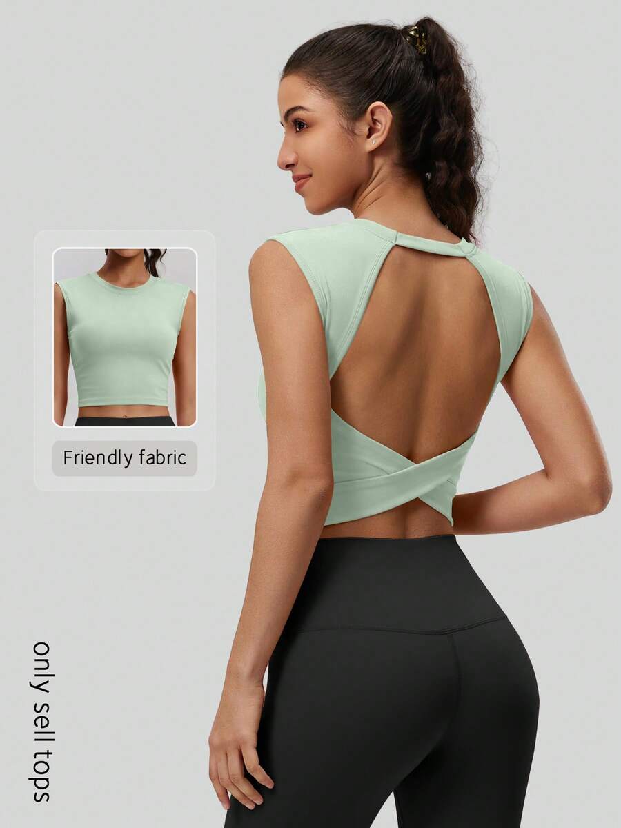 NcmRyu 1pc Women's Crew Neck Criss-Cross Back Elastic Sports Tank Top - Green - View 1