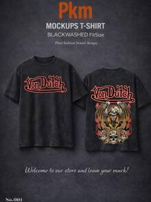 Men Black Vintage Wash Streetwear Brand Street Style 100 Percent Cotton T Shirt Vons Dutchs Eagle Skull Graphic And Text Casual Outfits Front And Back Print Retro Heavyweight Tee Perfect Gift Loose Comfortable Breathable Machine Washable Fabric Hip Hop Cool Style Drippy Clothes Y2K - 黑色 - 查看 2