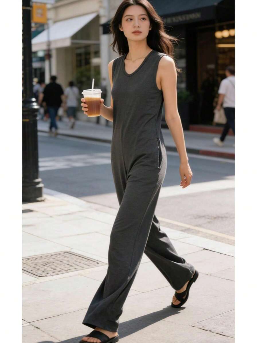 Long Jumpsuit With Bag. - 深灰色 - 查看 1