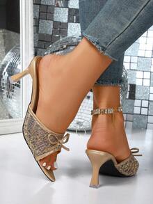 New Summer Pointed Toe Bowknot Mesh Breathable Open Toe High Heel Sandals, Versatile Minimalist Stiletto Sandals For Women - Gold - View 5