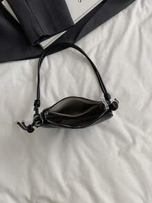 2026 Spring New Minimalist Fashion Solid Color Litchi Texture Saddle Bag, Casual Lace-Up Shoulder Mini Bag - Black - View 7