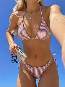 条纹印花比基尼套装，性感荷叶边装饰，适合海滩度假、时尚泳装派对、音乐节等场合。 - 彩色 - 查看 1