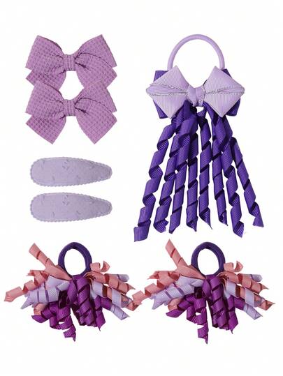 7pcs Waffle Bow Tassel Hair Scrunchies & Clips Set, Gentle On Hair, Sweet Academic Style Kids Hair Accessories, Suitable For Daily School Wear
