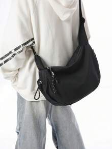 男士尼龙单肩包，大容量，时尚纯色，旅行/假日礼物，户外/骑行/露营斜挎包，夏季返校学生用品，学院风单肩包，新生活必备，高中运动背包 - 黑色 - 查看 3