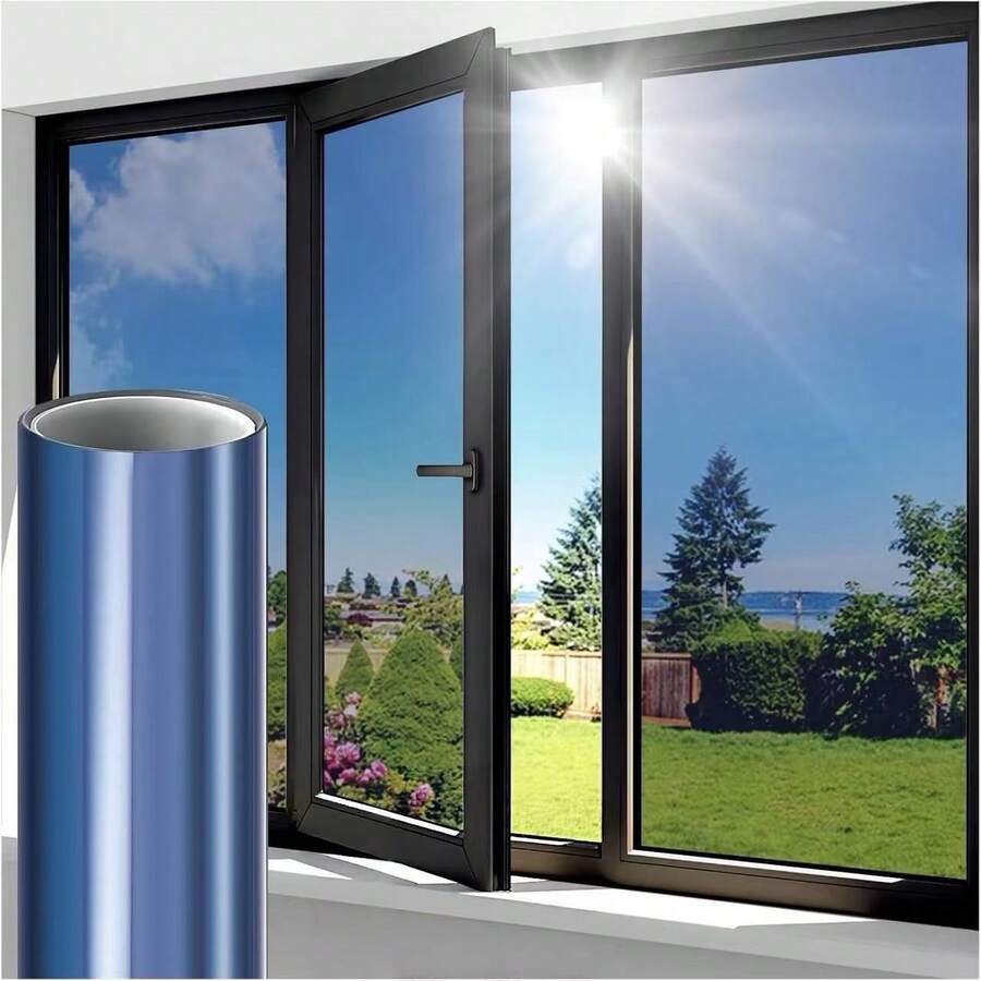 1 Roll One Way Clear Window Film Privacy: Heat Reflective Mirror Window Film For Glass Windows Daytime Anti Glare With Adhesive, UV Window Tint Film Sun Blocker For Home Office - Blue Silver - View 1