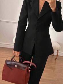 [Spring/Summer Style] Best-Selling New Arrivals 2pcs/Set Elegant Basic + Ankle-Length Pants, Suitable Business, Commute And Daily Wear Black Spring - 酒紅色 - 查看 3
