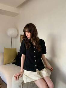 Black V-Neck Spring/Summer Short-Sleeved Loose-Fitting Front-Button Casual Women's Shirt - Black - View 10