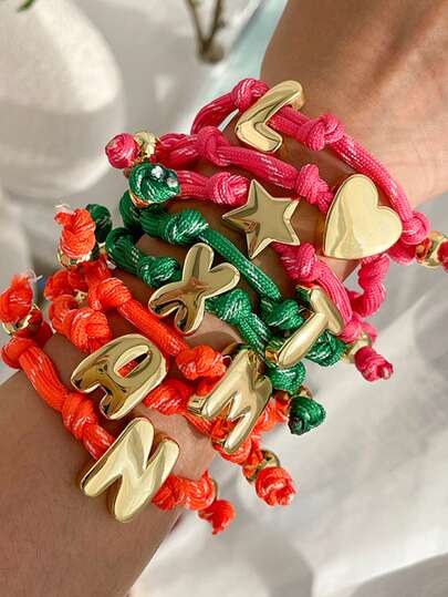 1 Pc Y2K-Style Summer Mother's Day Creative And Elegant Copper 26-Letter Star And Heart Knot Braided Bracelet For Women, Perfect For Beach Vacations, Beach Parties, And Everyday Casual Wear. A Great Gift For Women And Couples, Featuring An Adjustable Strap.