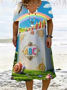 V Neck Dress Light Blue Rainbow Pencils Abc Book Garden Snail Mushroom Print Beach Vacation WearSuitable For Leisure And Sports Scenarios - Blush Crush - View 2