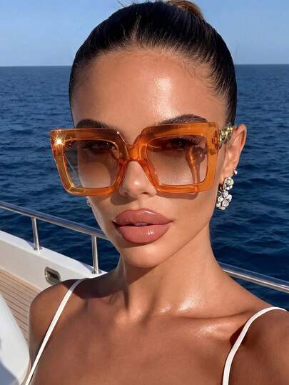 1 Pair Unisex Square Orange Frame Fashionable Sunglasses, Combining Modern And Retro Charm, Suitable For Street Photography, Outfits, Vacation, Travel And Other Occasions, Stylish Accessory