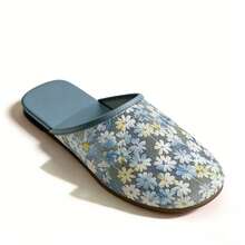 1pc New Embroidered Retro Slippers For Women, Open Toe Mesh Breathable House Slippers, Non-Slip Soft Bottom Sandals, Comfortable Slides For Office, Vacation, Spring/Summer Floral Print Casual Sandals - Blue - View 2