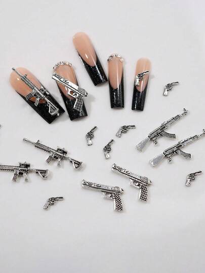 10Pcs Random Mixed Gun Shaped Nail Art Decorations, Including M4, Revolver, Akm And Desert Eagle Diy Nail Charms Nail Gems Nail Supplies Nails