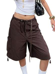 Bermuda Cargo Shorts For Women Casual Elastic Drawstring Knee Length Shorts Casual Loose SweatShorts Multi Pocket Relaxed Fit - màu nâu sô cô la - Xem 6