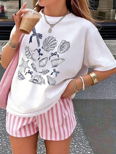 2026 Spring/Summer New Casual & Fashionable Style, Young Women's Shell & Bow Print Round Neck Loose Short Sleeve T-Shirt, Easy Care Fabric, Suitable For Spring/Summer Outing & Vacation