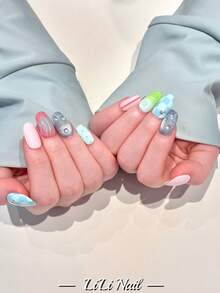 10片手工亚克力短椭圆美甲贴片，绿色、酒红色、INS风3D立体条纹、波点、棋盘格图案，可爱美甲贴纸，可重复使用，附赠美甲工具，适合日常、派对、办公场合，可作礼物 - 彩色 - 查看 4