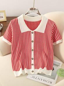 2026新款红色Polo领针织短袖女式上衣，夏季轻盈丝滑面料，条纹格子拼接设计，高端休闲服饰 - 紅色 - 查看 1