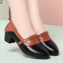 女士撞色PU皮软底休闲一脚蹬鞋/办公中跟鞋/粗跟中帮撞色皮鞋，四季皆宜 - 黑色 - 查看 7