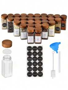 12个方形玻璃调料罐，配竹盖，4盎司密封调味罐，带标签、漏斗和刷子 - 透明调料罐，适用于香草、香料和厨房收纳 - 無色 - 查看 4