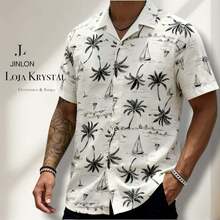 JL Men's Hawaiian Floral Beach Shirt, Short Sleeve, Button-Down, Spring And Summer - Floral 29-Bege - 查看 2