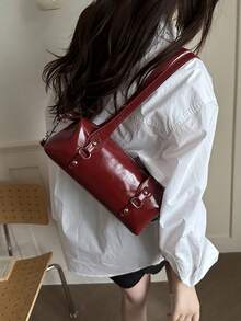 1pc Fashion Armpit Shoulder Bag, Red Vintage Handbag For Women - Burgundy - View 6