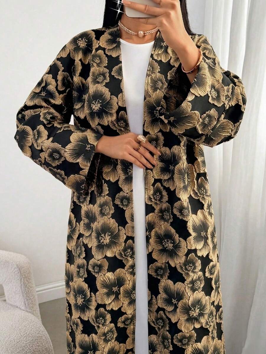 Women's Elegant Jacquard Flare Sleeve Loose Arabic Abaya Robe - Black - View 1