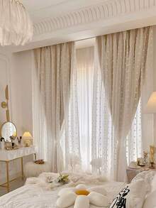 1pc Double-Layer Blackout Curtain With 3D Pom Pom Decor, Beige Linen-Look High-End Designer Curtain For Villa, Balcony, Living Room, Bedroom - Beige - View 1
