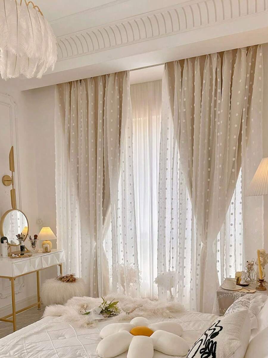 1pc Double-Layer Blackout Curtain With 3D Pom Pom Decor, Beige Linen-Look High-End Designer Curtain For Villa, Balcony, Living Room, Bedroom - Beige - View 1