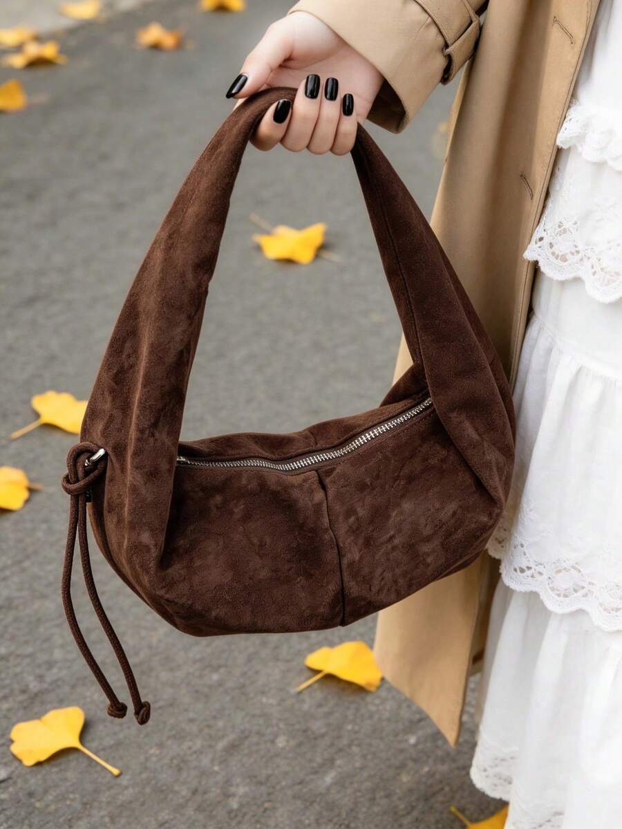 Suede Crescent Hobo Bag For Women | Soft Shoulder Bag With Drawstring | Minimalist Casual Handbag - Multicolor - View 1