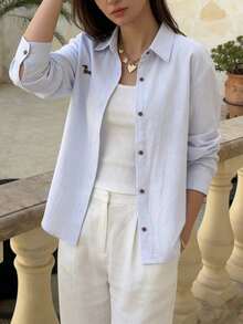 Women's Casual Woven Dolman Shirt, Collared, Button Front Spring - Baby Blue - View 2